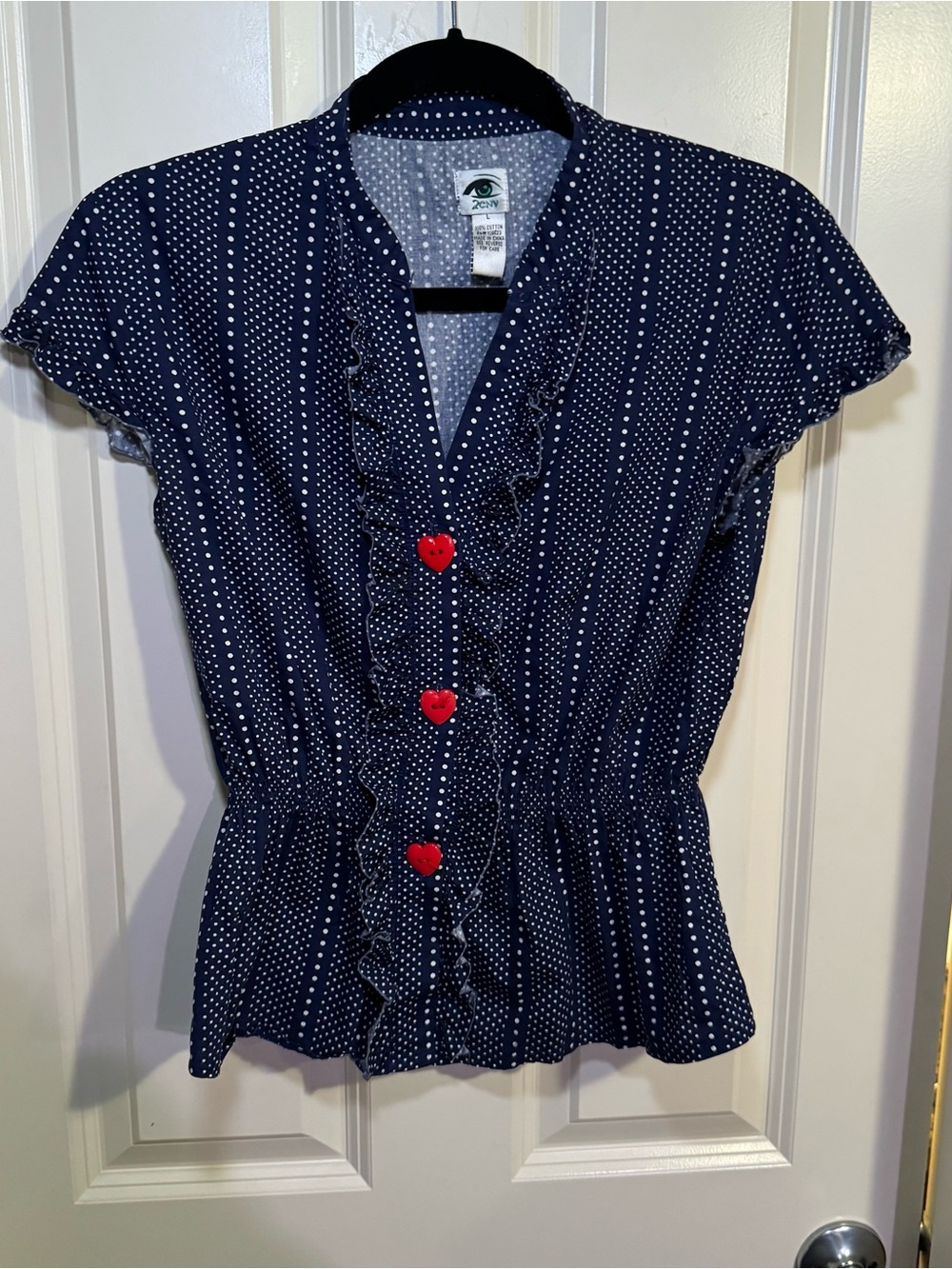 Vintage Polka Dot Ruffled Button-Front Women’s Top - Navy with Red Buttons